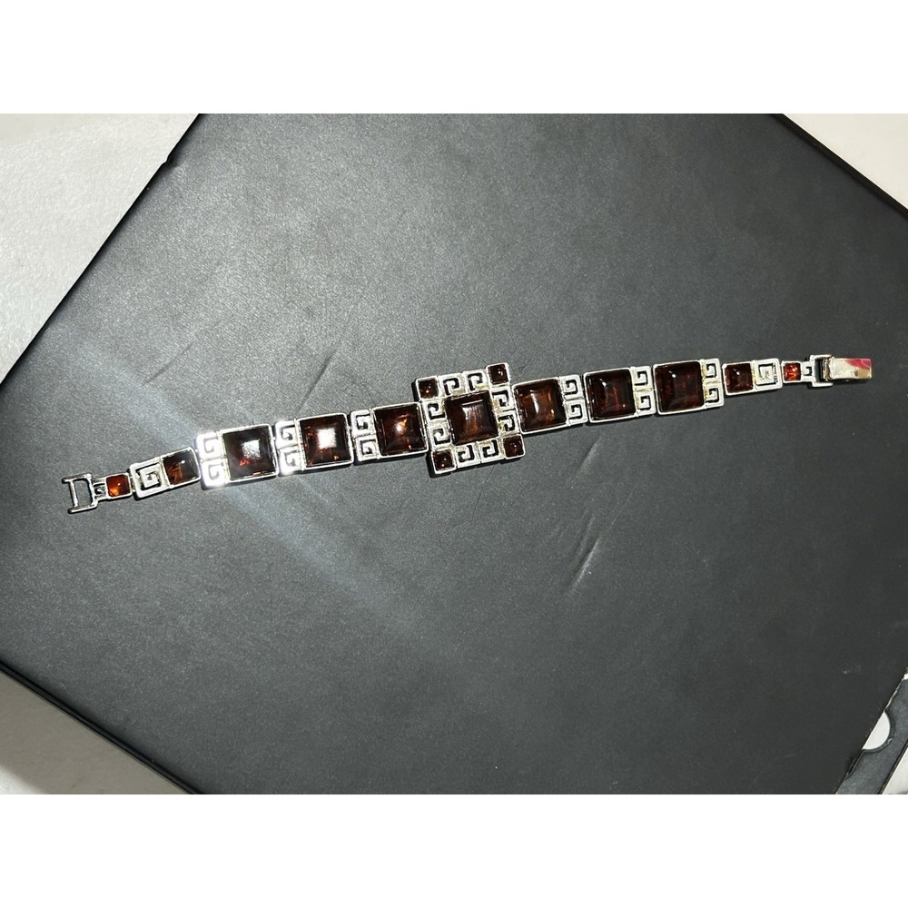 Valerio Poland V-8 Sterling Silver Baltic Amber Bracelet Geometric Design 7" EUC